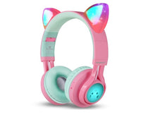 Load image into Gallery viewer, Cat Ear LED Light Up Wireless Fold-able Headphones Over Ear with Microphone and Volume Control for iPhone/iPad/Smartphones/Laptop/PC/TV (Pink&amp;Green) - Linden &amp; Burk