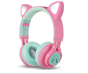 Cat Ear LED Light Up Wireless Fold-able Headphones Over Ear with Microphone and Volume Control for iPhone/iPad/Smartphones/Laptop/PC/TV (Pink&Green) - Linden & Burk