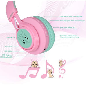 Cat Ear LED Light Up Wireless Fold-able Headphones Over Ear with Microphone and Volume Control for iPhone/iPad/Smartphones/Laptop/PC/TV (Pink&Green) - Linden & Burk